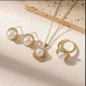 Gold Plated Pearl Necklace Earrings and Ring Jewelry Set